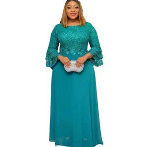 Women Plus Size Lace Chiffon Flare Sleeves Round Neck Maxi Dress, Green , XL